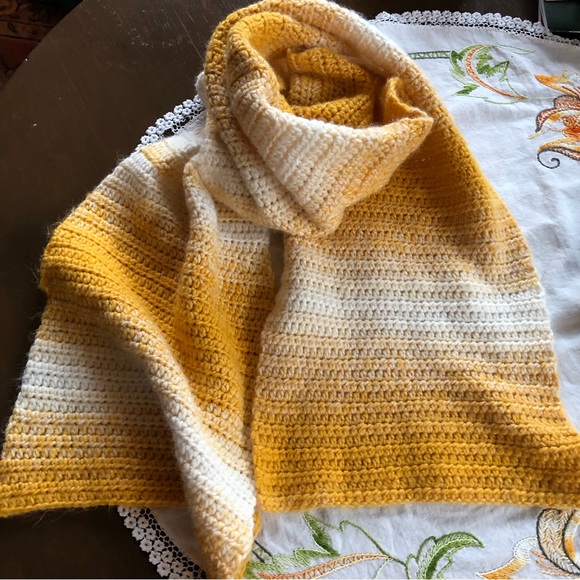 Oversized Hand Crocheted Chunky Scarf. Ecru/ Mustard Golden. 86"x 12" - Picture 3 of 16